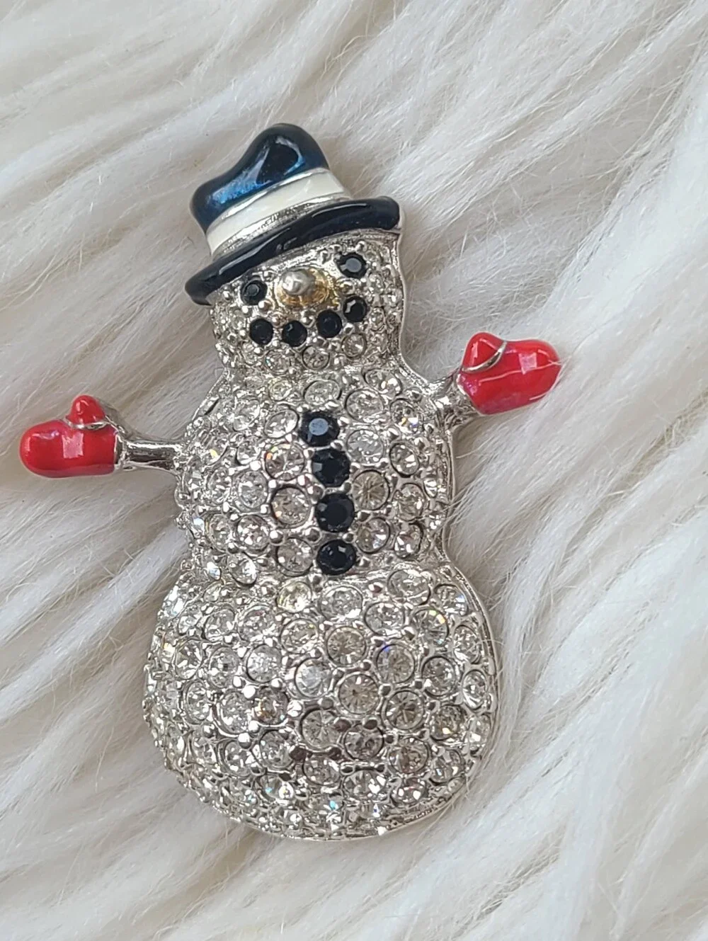 Swarovski 2003 Snowman Brooch With Black Hat Red Mittens- Excellent Condition